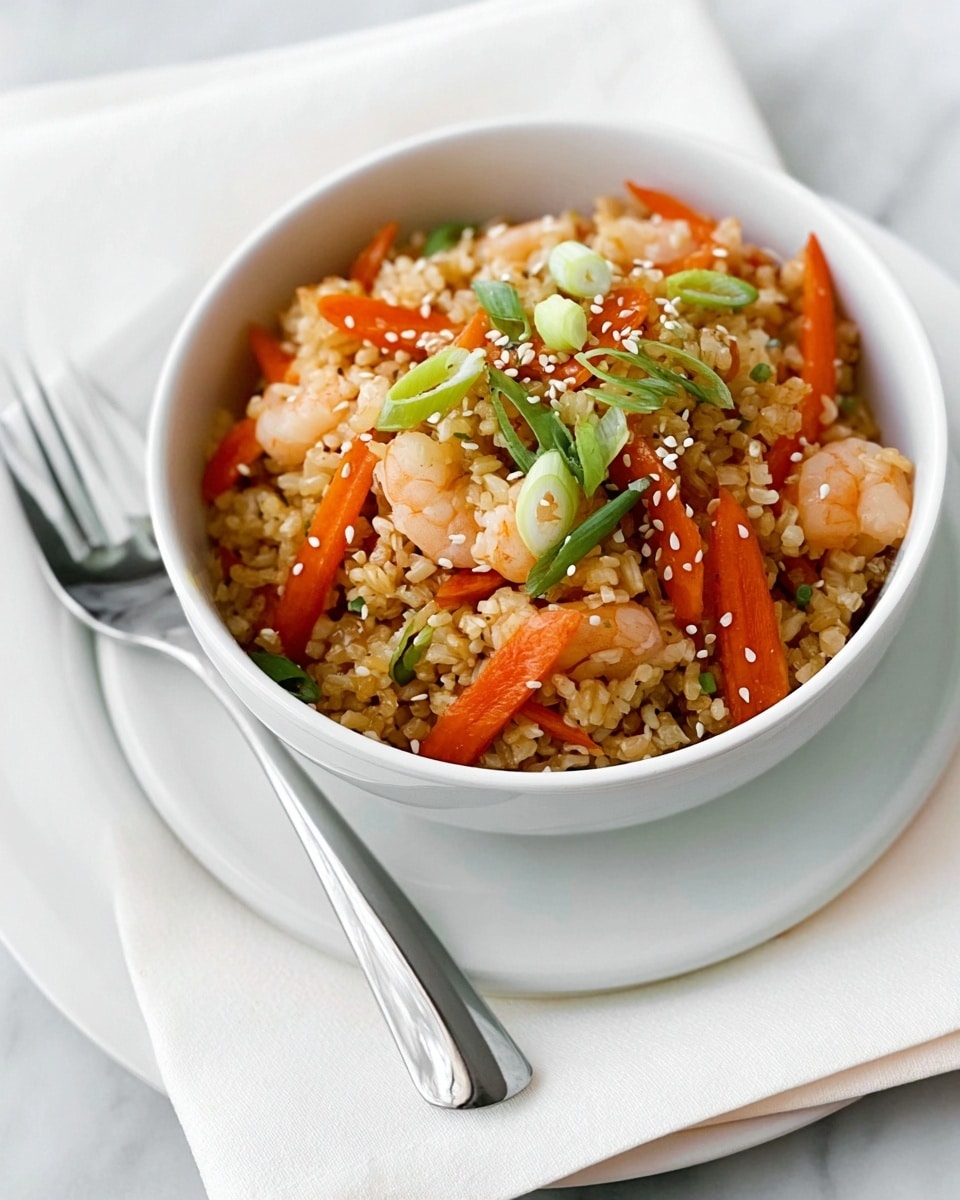 A white bowl filled with three layers: the bottom layer is light brown rice mixed evenly with small pieces of cooked shrimp; the middle layer has bright orange carrot slices cooked and spread throughout; the top is sprinkled with white sesame seeds and green chopped scallions, adding texture and color. The bowl is placed on a white plate with a white napkin and a silver fork on the side, all on a white marbled surface. photo taken with an iphone --ar 4:5 --v 7