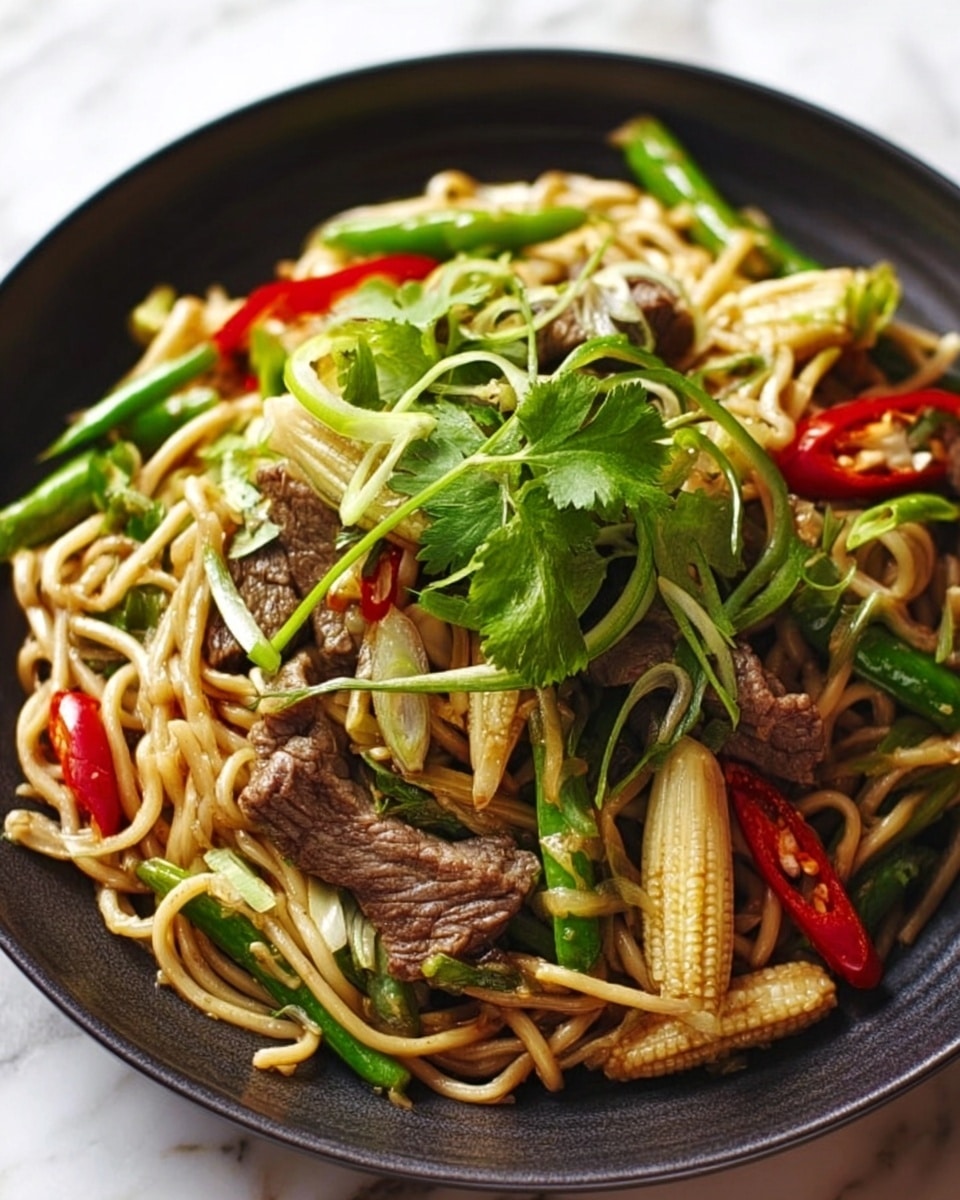 The image shows a black plate filled with stir-fried noodles mixed with pieces of beef, baby corn, sliced green beans, and red chili slices. On top, there are fresh green coriander leaves and thinly sliced green onions, adding a bright green contrast. The noodles are light brown and slightly glossy, tangled with the vegetables and meat. The plate is set on a white marbled surface. photo taken with an iphone --ar 4:5 --v 7