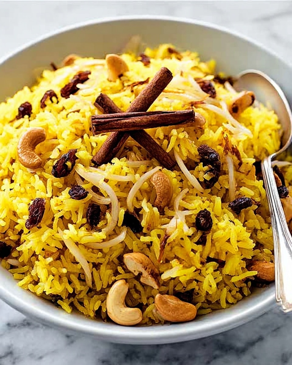 A white bowl filled with bright yellow rice mixed with light brown toasted cashew nuts and small dark brown raisins, topped with a few long dark brown cinnamon sticks and thin slices of translucent onions. The rice looks fluffy and the nuts and raisins are scattered throughout evenly. The bowl sits on a white marbled surface with a silver spoon inside the bowl on the right side. Photo taken with an iphone --ar 4:5 --v 7