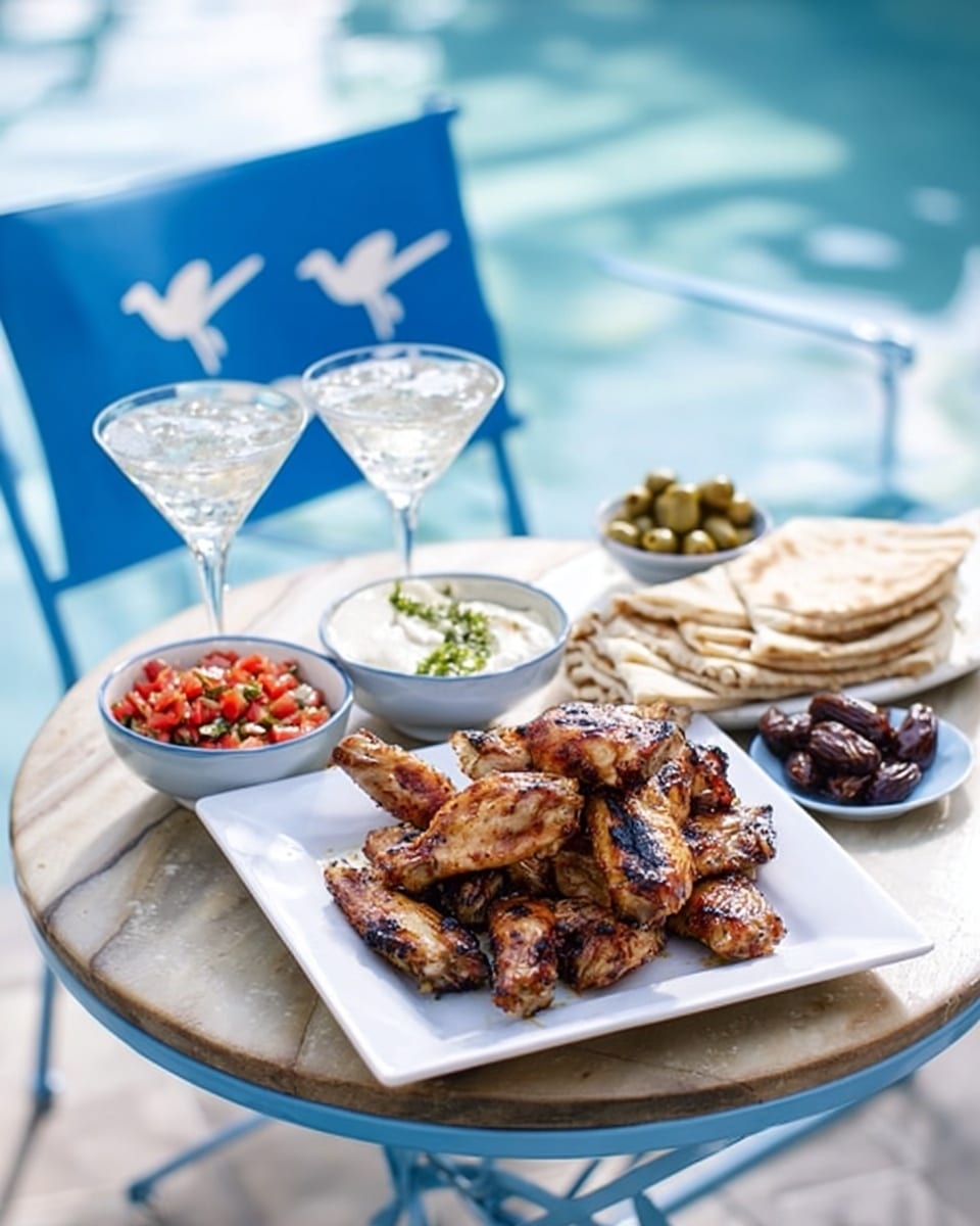 A white plate on a white marbled surface holds grilled chicken wings stacked in a pile, showing a crispy charred brown and golden color. Next to it, a small bowl filled with a colorful red tomato salsa with green herbs is placed on the same white plate. Another bowl of creamy white sauce topped with green herbs sits beside the salsa. In front, a small bowl of light beige pistachios is arranged on the plate. On the right side, a white plate holds soft pita bread stacked in the back, with a small bowl of green and black olives, and dates arranged neatly beside it. Two clear martini glasses with a silver liquid and ice cubes stand in the background. All items rest on a round table with a wooden top near a blue pool with gentle water reflections, and a blue chair with white bird shapes is seen in the background. Photo taken with an iphone --ar 4:5 --v 7