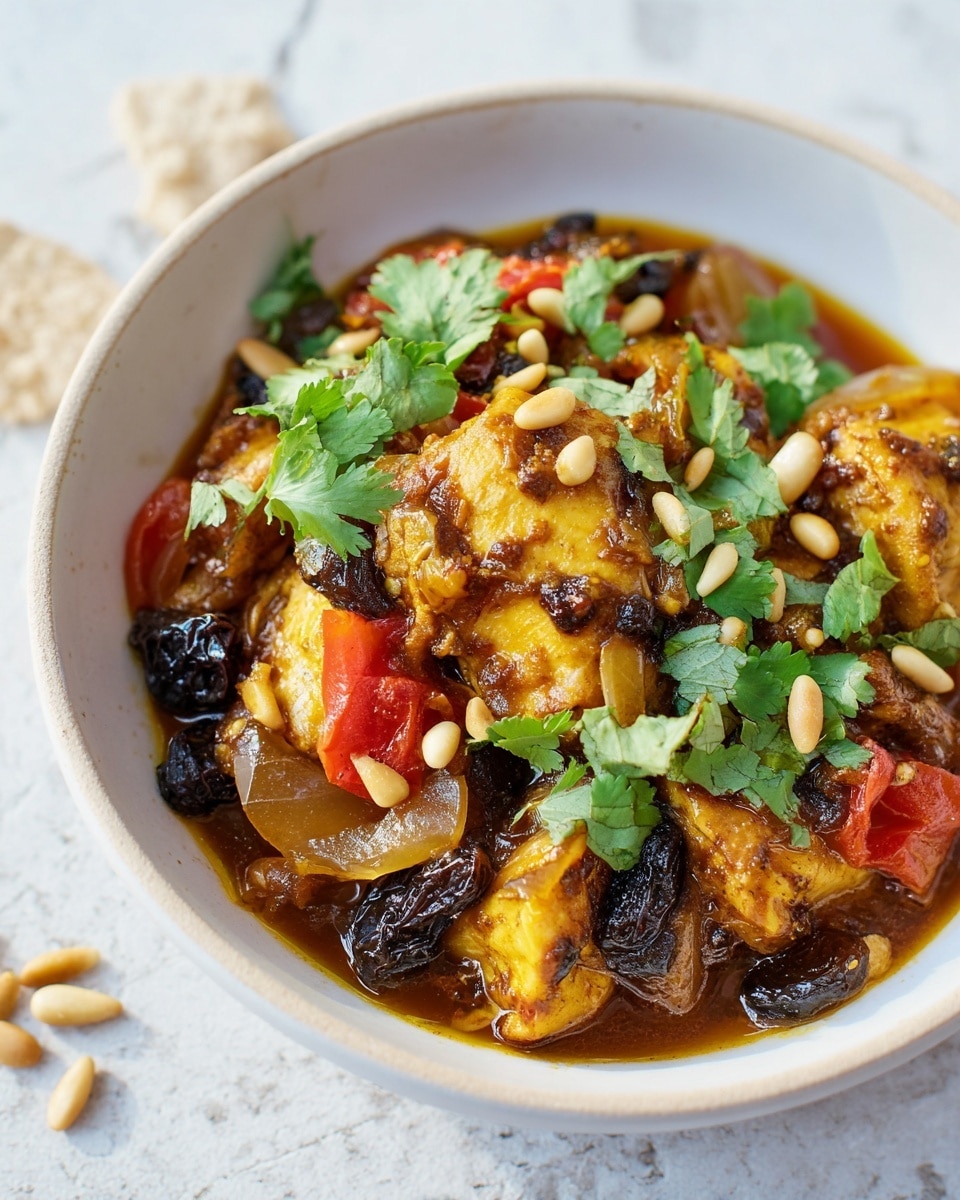 The dish is shown in a white bowl filled with a rich stew featuring several layers. The bottom layer is a deep brown sauce with a glossy texture that looks savory. On top, there are chunks of yellow, cooked chicken with a slightly charred surface. Mixed throughout are soft, cooked onions and bright red tomato pieces, adding a soft texture with some juice. Black raisins are scattered around, adding small dark spots of sweetness. The dish is garnished with fresh green cilantro leaves and golden pine nuts sprinkled on top, giving a fresh and crunchy contrast. The background is a white marbled texture with some pine nuts scattered around. Photo taken with an iphone --ar 4:5 --v 7