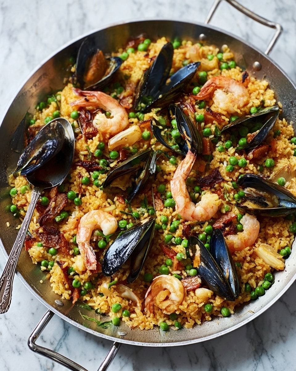 A large round silver pan filled with a seafood rice dish that has about three layers: the first layer is golden yellow rice spread evenly across the bottom with a slightly moist texture, the second layer is scattered bright green peas adding pops of color, and the third layer has evenly spread seafood including pinkish-orange shrimp with tails, dark blue-black mussels with shiny shells, and pieces of white fish. A silver spoon rests inside the pan on the left side. The pan sits on a white marbled surface. photo taken with an iphone --ar 4:5 --v 7