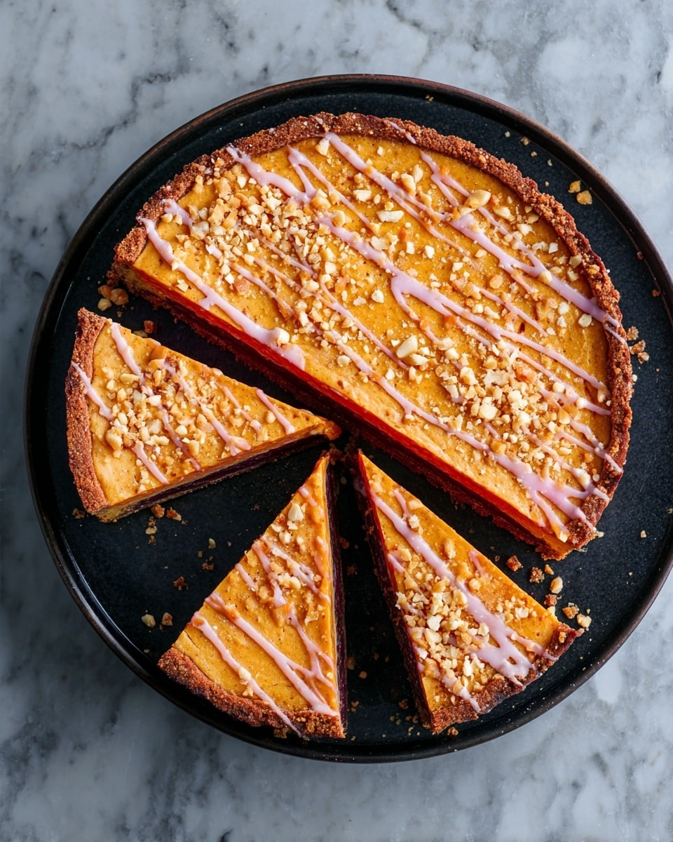 A round tart is shown on a black plate resting on a white marbled surface, with four large slices still in the plate and one slice removed and placed beside it. The tart has three visible layers: a dark brown crust at the bottom, a thick orange layer in the middle, and a thin red layer just under the orange, visible in the removed slice. The top of the tart is golden brown with toasted small nut pieces sprinkled all over, and pale pink drizzle lines cross it in irregular patterns. Photo taken with an iphone --ar 4:5 --v 7