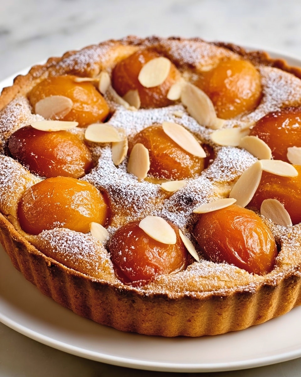 A round tart with a golden brown crust sits on a white plate over a white marbled surface. The tart has a bumpy top made of about ten orange-brown baked whole or halved fruits evenly placed on the surface. A few thin, light beige almond slices are scattered on the tart’s top, along with a delicate dusting of white powdered sugar, giving a slightly frosted look. The tart crust is fluted and well-baked with a firm texture. Photo taken with an iphone --ar 4:5 --v 7