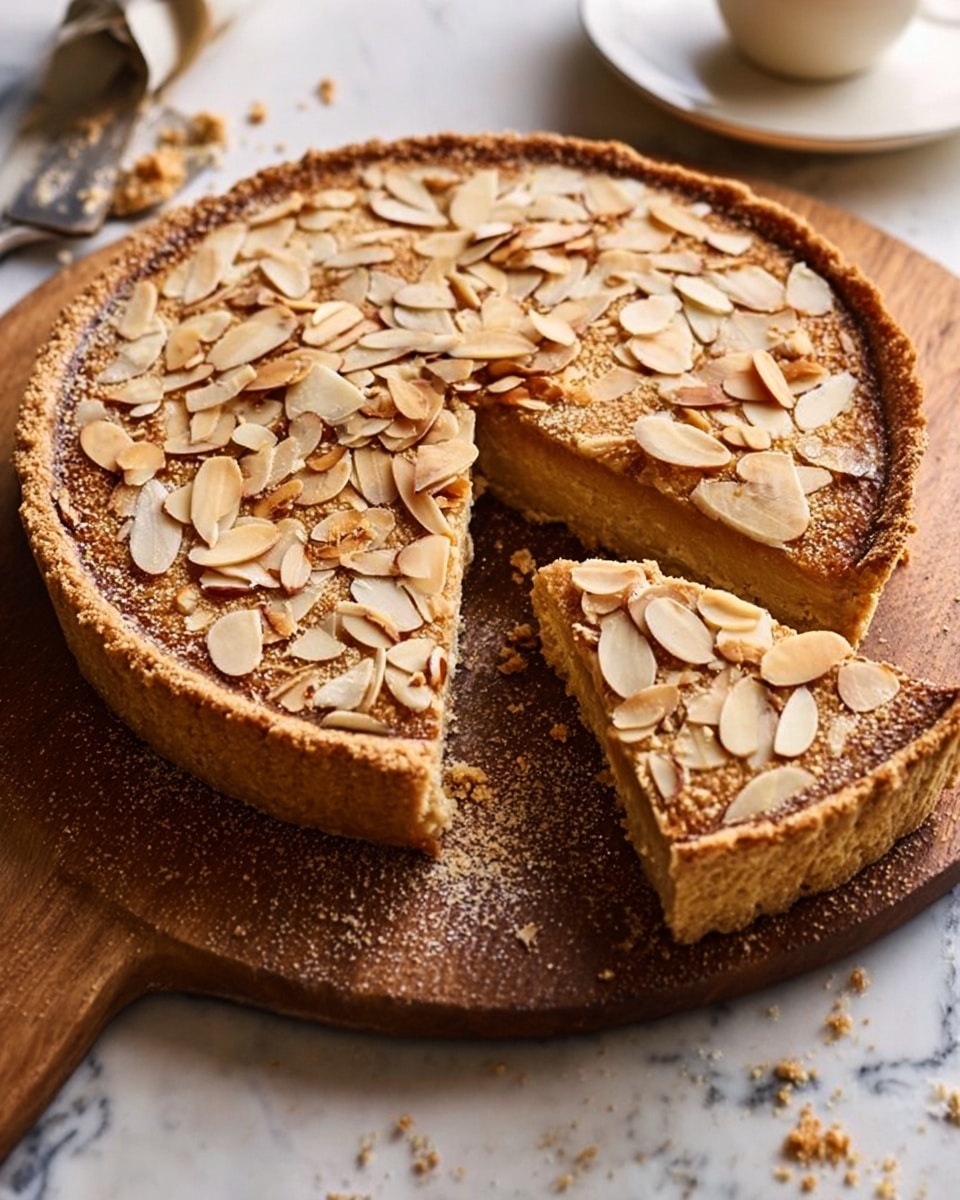 A round tart with a golden-brown crust on the outside, filled with a smooth, light brown layer inside. The top is covered with thin, toasted almond slices that give a crunchy look. One slice is cut and slightly pulled out from the tart, showing the thick, soft filling. The tart sits on a wooden board with some almond crumbs scattered around. The background is a white marbled surface with a cup and saucer in the top right corner. photo taken with an iphone --ar 4:5 --v 7