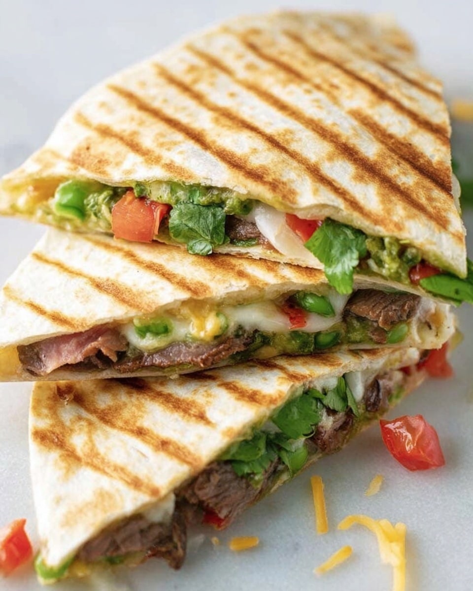 The image shows three triangular pieces of a quesadilla stacked close together on a white marbled surface. Each quesadilla piece is toasted with clear brown grill marks on top, showing the thin, golden-brown outer layer of the tortilla. Inside, there are three visible layers: bright green broad beans and fresh cilantro leaves on top, a layer of melted shredded cheese with a soft off-white color in the middle, and a thick slice of reddish-brown cooked meat at the bottom. Small bits of diced red tomatoes and cheese are scattered around the quesadilla pieces on the surface. photo taken with an iphone --ar 4:5 --v 7