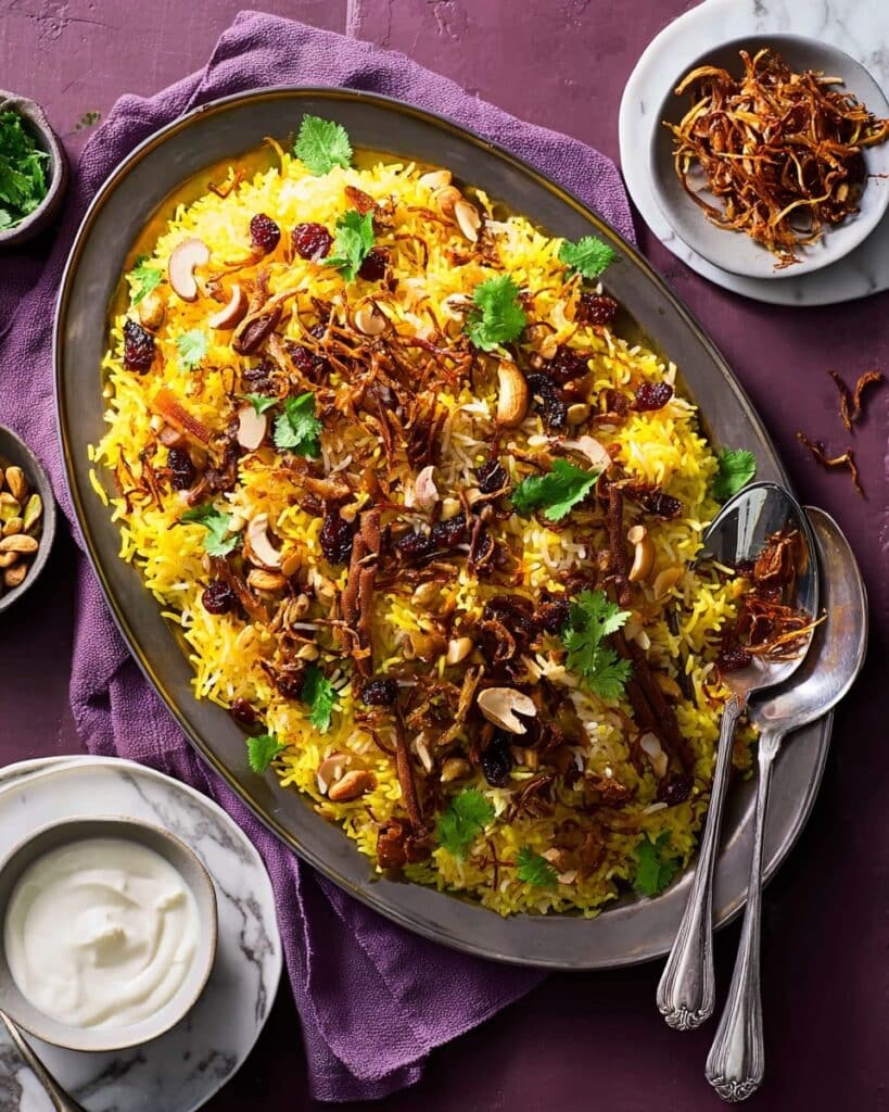 Golden Spiced Pilaf with Crispy Shallots and Saffron Yogurt Recipe