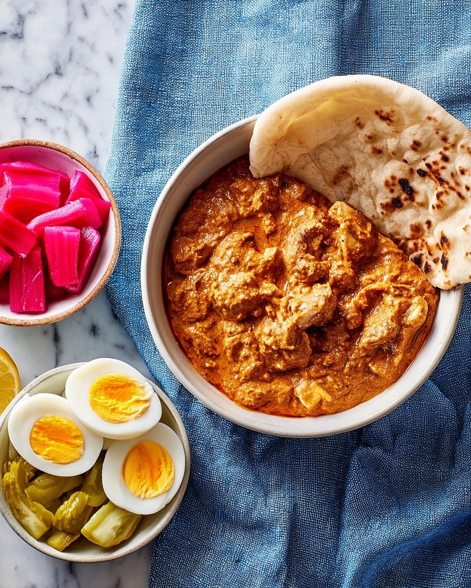 A white bowl filled with thick orange-brown curry that has visible chunks and a slightly creamy texture sits at the top, with a large piece of flatbread resting partially on the edge of the bowl. Below it, there is a white small bowl with three halved boiled eggs showing their bright yellow yolks, and beside it, a white bowl holding vibrant pink pickled cubes, pale green peppers, and a wedge of yellow lemon. All the bowls are placed on a soft blue fabric over a white marbled surface. photo taken with an iphone --ar 4:5 --v 7