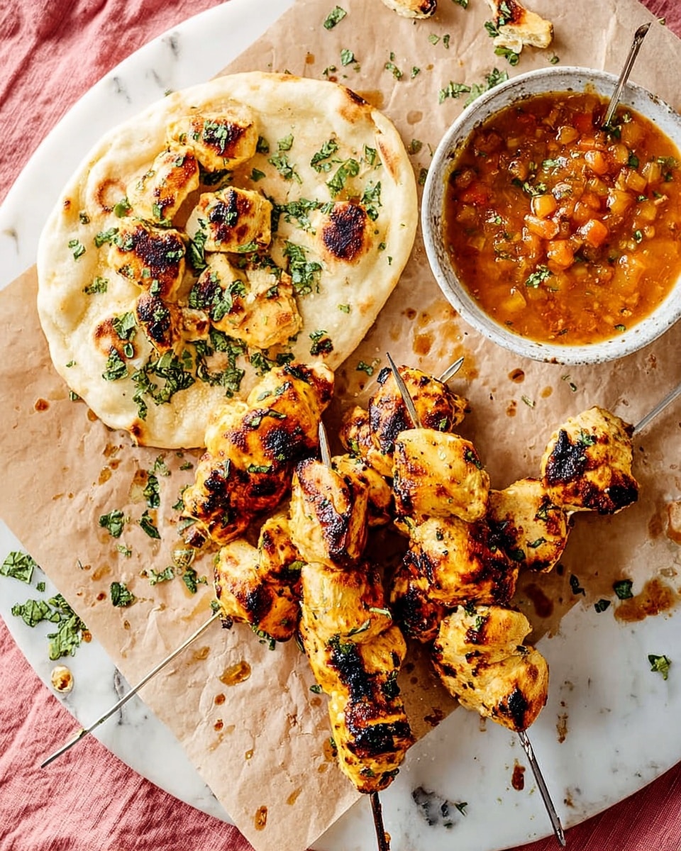 The image shows two metal skewers with grilled chicken pieces, golden and charred, placed on top of light brown parchment paper. Next to them, there is a small white bowl filled with chunky orange-brown sauce with bits of vegetables. A round naan bread with light brown toasted spots sits above the skewers, topped with more grilled chicken pieces and sprinkled with chopped green herbs. Everything is set on a white marbled surface with some scattered herbs and crumbs around, and a pink cloth is partially visible underneath. Photo taken with an iphone --ar 4:5 --v 7