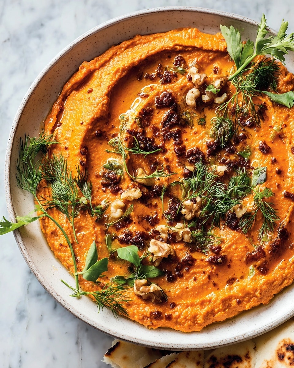 A shallow white ceramic bowl holds a thick layer of smooth, bright orange spread, evenly filling the bowl and textured with small swirls. On top, there are scattered bits of dark brown, crumbly pieces and small chopped light brown walnut chunks, adding a contrast in texture and color. Sprigs of fresh green herbs, some flat parsley leaves and some delicate dill, are placed around the bowl, giving a fresh touch. The bowl sits on a white marbled surface, and a piece of grilled white flatbread is partially visible at the bottom right. photo taken with an iphone --ar 4:5 --v 7