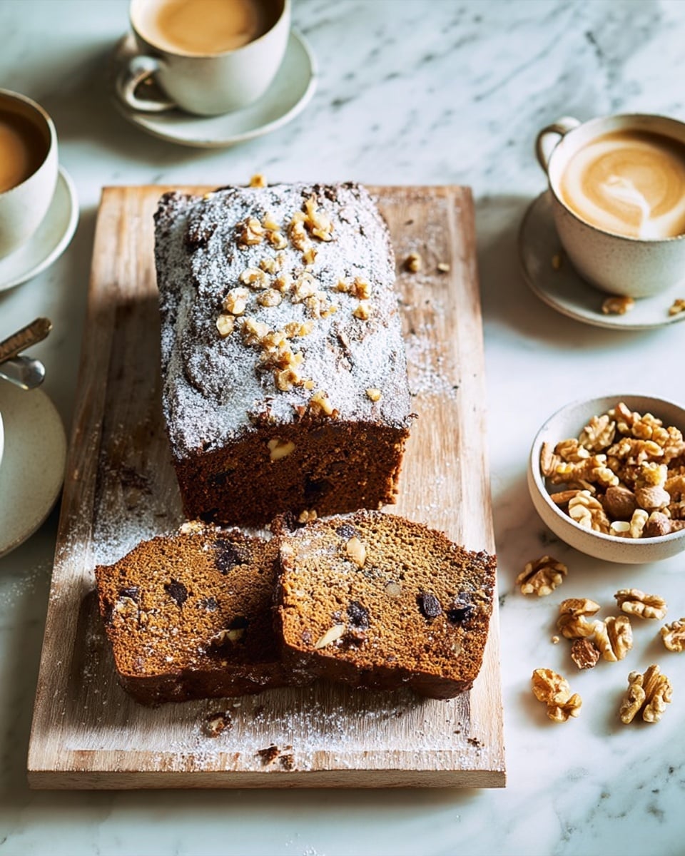 A brown loaf cake with a rough top sprinkled with powdered sugar and chopped walnuts sits on a light wooden tray on a white marbled surface. Two slices of the cake are placed in front showing a dense interior filled with nuts and dark pieces. Around the tray, there are three cups of coffee with light brown foam in white cups, and a small white bowl filled with walnuts on the right side. The scene has warm lighting and looks cozy. photo taken with an iphone --ar 4:5 --v 7