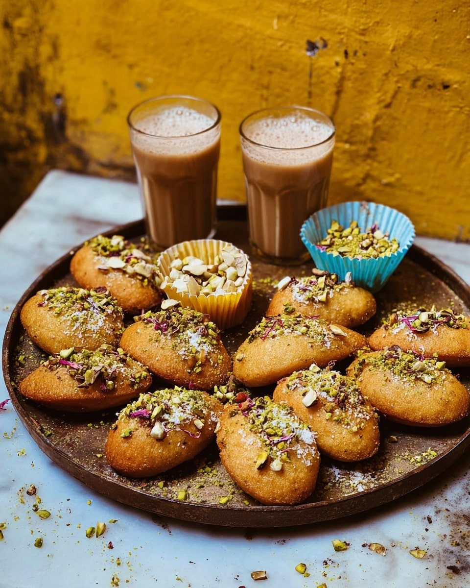 A round rustic tray holds about thirteen golden-brown, oval-shaped sweets arranged in a loose circle, each topped with a sprinkle of chopped white nuts and green pistachios with some saffron threads. Two small paper cups, one light blue and one light yellow, rest on the tray, filled with chopped nuts. Behind the sweets are two glasses of light brown tea with frothy tops, slightly misted with condensation. The tray sits on a white marbled surface, set against a rough yellow wall in the background, creating a warm and homely setting. Photo taken with an iphone --ar 4:5 --v 7