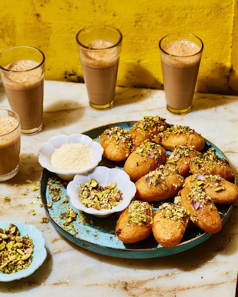 A round tray holds about a dozen golden brown, oval-shaped sweets, each topped with a mix of finely chopped white and green nuts scattered over their smooth, slightly grainy surface. Two small white bowls with ruffled edges sit on the tray; one bowl contains small white grains, the other holds chopped pistachios in green and light brown hues. Around the tray are four transparent glasses filled with a frothy, light brown drink. The whole setup is placed on a surface with white marbled texture and a yellow wall background. photo taken with an iphone --ar 4:5 --v 7