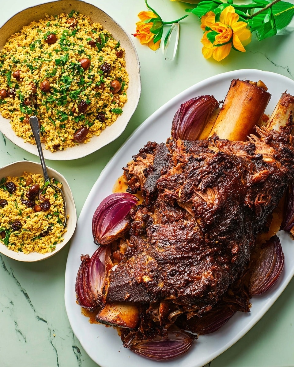 A large white oval plate holds a well-cooked piece of meat with bones visible on the ends, covered in a rich, dark brown crust with crispy edges and some pulled-apart shredded sections revealing tender inside meat. Surrounding the meat are roasted red onion wedges, browned and slightly caramelized. Next to it, a round white bowl filled with a yellow couscous salad mixed with chickpeas, chopped green herbs, and dried dark raisins, with a spoon resting inside. All dishes are set on a white marbled surface with a small green and yellow floral decoration nearby. Photo taken with an iphone --ar 4:5 --v 7