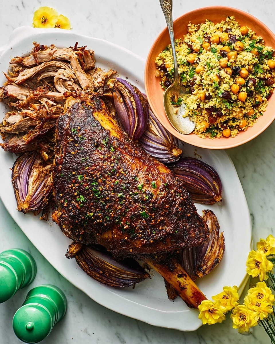 A large white oval plate holds a roasted meat leg covered in a dark brown, crispy, spiced crust with visible herbs and charred spots. It sits on top of thick wedges of roasted red onions, which show a mix of deep purple and caramelized brown colors. Part of the meat is shredded, showing tender, moist inner layers under the crust. Beside the plate, there is a peach-colored bowl filled with a grain dish mixed with light yellow grains, beige chickpeas, green herbs, and dark raisins. A silver spoon rests inside the bowl. The setting is on a white marbled surface, with small yellow flowers and two green salt and pepper shakers nearby. Photo taken with an iphone --ar 4:5 --v 7
