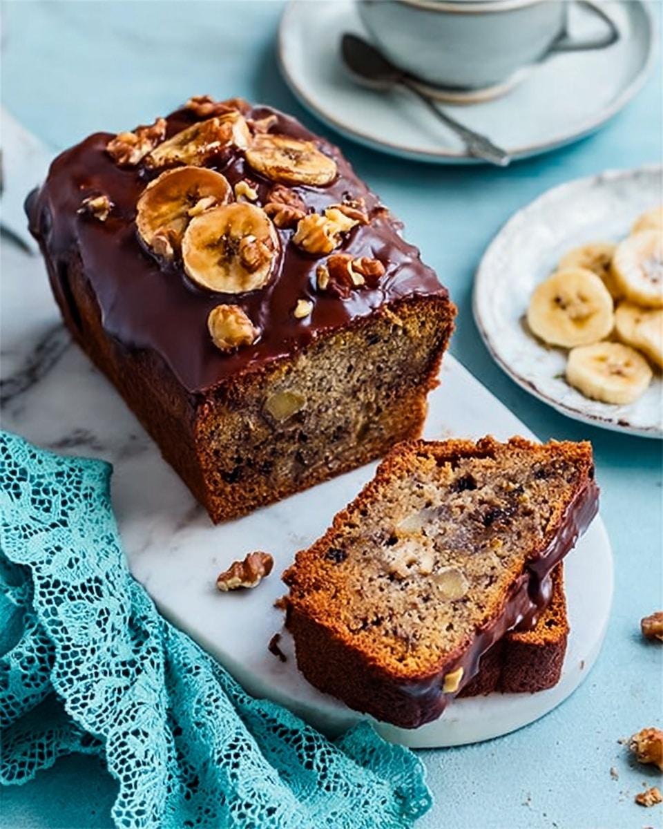 A loaf of banana bread topped with a thick layer of shiny chocolate glaze, sprinkled with pieces of walnut and banana chips on top. Two slices of the bread lie in front of the loaf, showing a dense and moist texture with dark spots of chocolate or nuts inside. The bread sits on a white marbled surface next to a white plate with some banana chips on it. To the side, there is a white cup and saucer, and a woman's hand is seen reaching near the bread, with a teal blue cloth with lace edges laying beside. Photo taken with an iphone --ar 4:5 --v 7