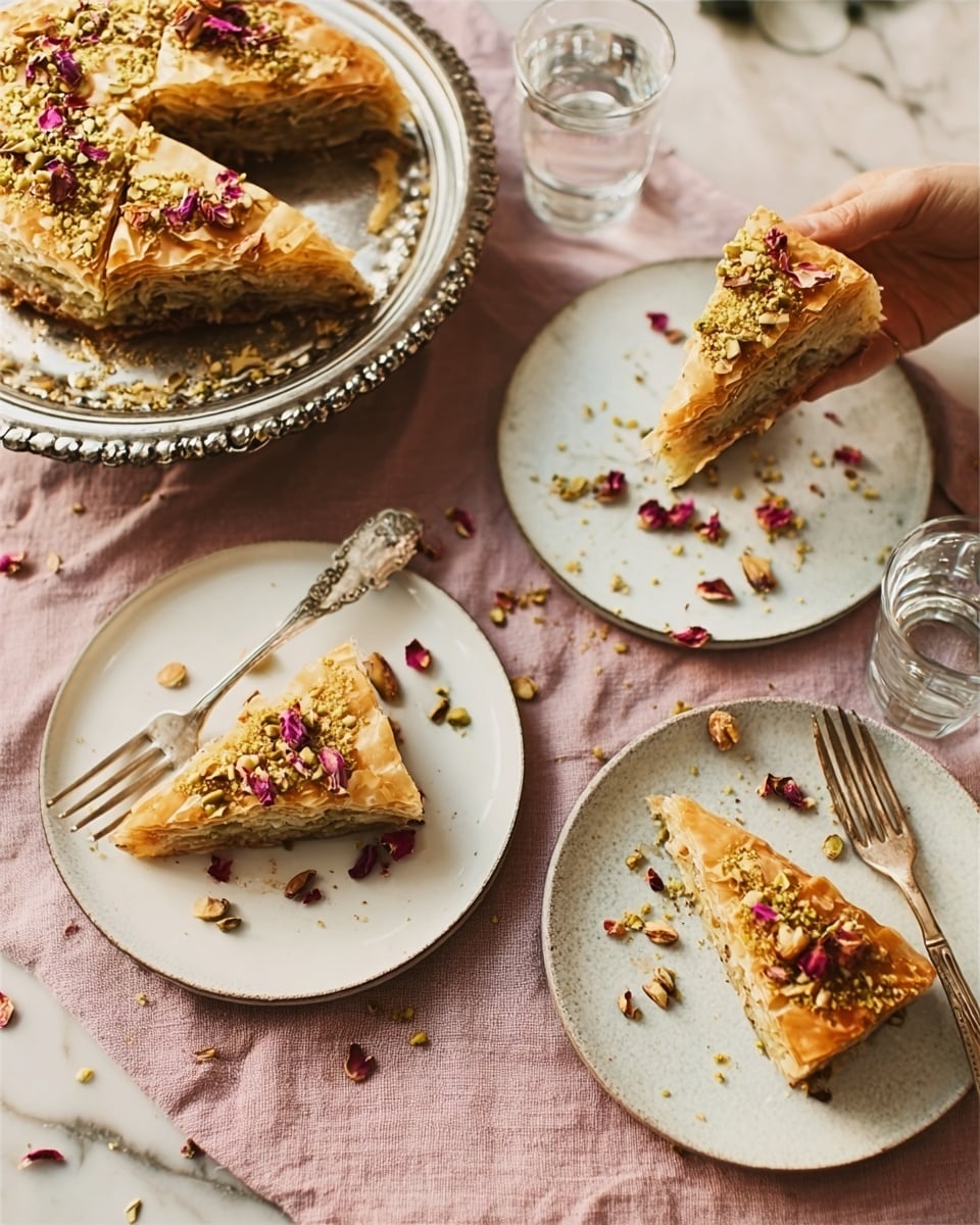 The image shows a table with a white marbled surface covered by a soft pink cloth. There are three plates with triangular slices of a layered pastry that is golden brown on top with visible flaky layers and sprinkled with crushed nuts and dried rose petals. The first plate, white and round, sits on a silver tray and holds one piece with some nuts and petals scattered around it. The second plate, silver and round, has one slice with a fork beside it, and a woman's hand appears to be reaching for the slice. In the background, a silver tray holds multiple stacked slices of the same pastry. Two clear glasses with water sit on the table near the plates. Photo taken with an iphone --ar 4:5 --v 7