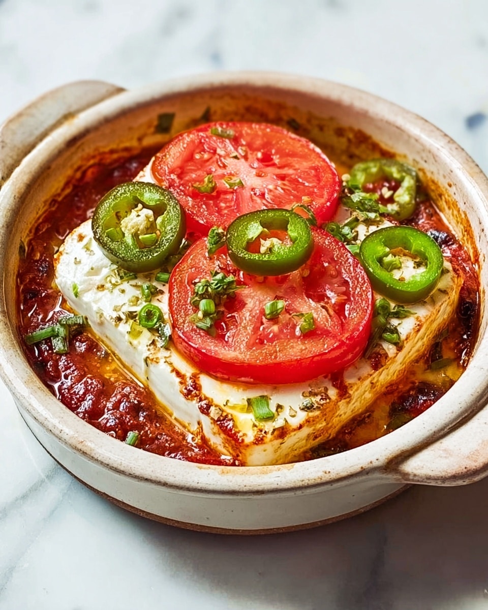 A white ceramic round bowl holds a baked dish with three visible layers: a red tomato-based sauce forms the bottom layer with a slightly chunky texture, topped by a large white block of baked cheese in the center, and on top of the cheese are two bright red tomato slices with green chili rings scattered around and on the cheese. The bowl is placed on a white marbled surface. Photo taken with an iphone --ar 4:5 --v 7