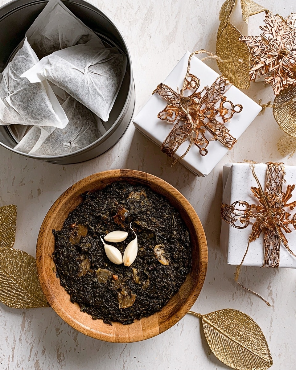 The image shows a round brown bowl filled with a dark, leafy mix topped with a few light-colored seeds spread across the surface. Next to the bowl is a white square tray holding several wrapped tea bags with white strings. Around them are gifts wrapped in brown paper tied with gold and white twine, decorated with large, layered, cut-out leaves in shades of gold and copper, scattered on a white marbled surface. A woman's hand is gently touching the white strings near the tea bags. Photo taken with an iphone --ar 4:5 --v 7