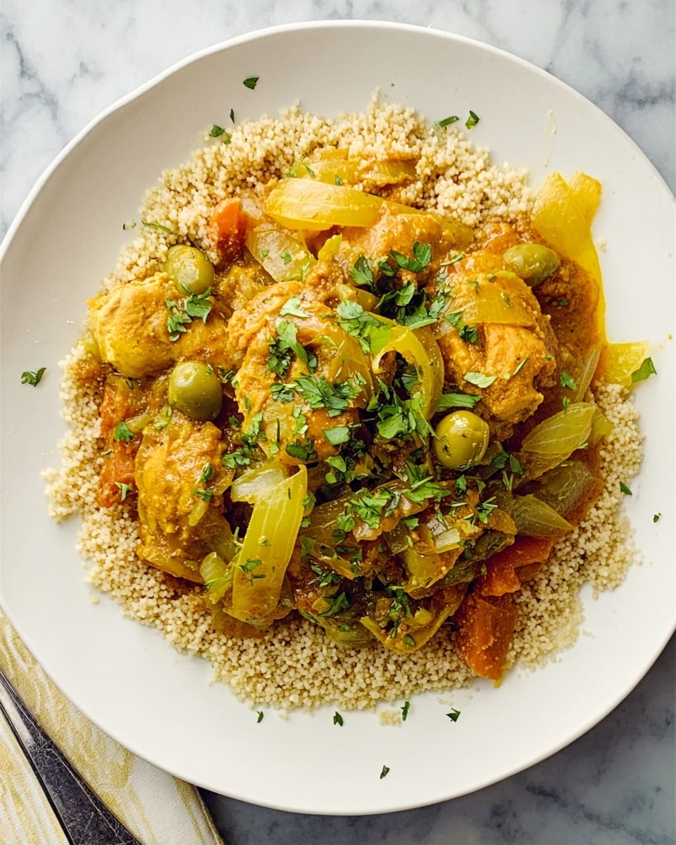 The dish shows a white plate filled with a grain base that looks light beige and crumbly, covering the bottom layer. On top of this base is a thick, colorful stew with chunks of chicken and a mix of vegetables including yellow bell peppers, onions, and green olives, coated with a rich yellow-orange sauce. The chicken pieces are tender and lightly browned with herbs sprinkled over them. The stew sits mostly in the center, spreading slightly to the edges but leaving some grain visible around. The plate is on a white marbled surface, with a knife partly visible on the lower right side. Photo taken with an iphone --ar 4:5 --v 7