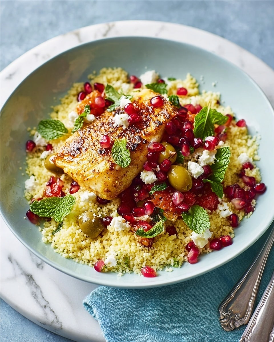 The dish shows a white bowl filled with a base layer of pale yellow couscous, topped with a golden brown cooked piece of fish in the center. Around the fish, there are green olives, small red tomato pieces, and white crumbles of cheese scattered across. Bright red pomegranate seeds and fresh green mint leaves are sprinkled on top, adding a fresh look. The bowl sits on a white marbled surface with a light blue cloth and silver fork and knife nearby. Photo taken with an iphone --ar 4:5 --v 7