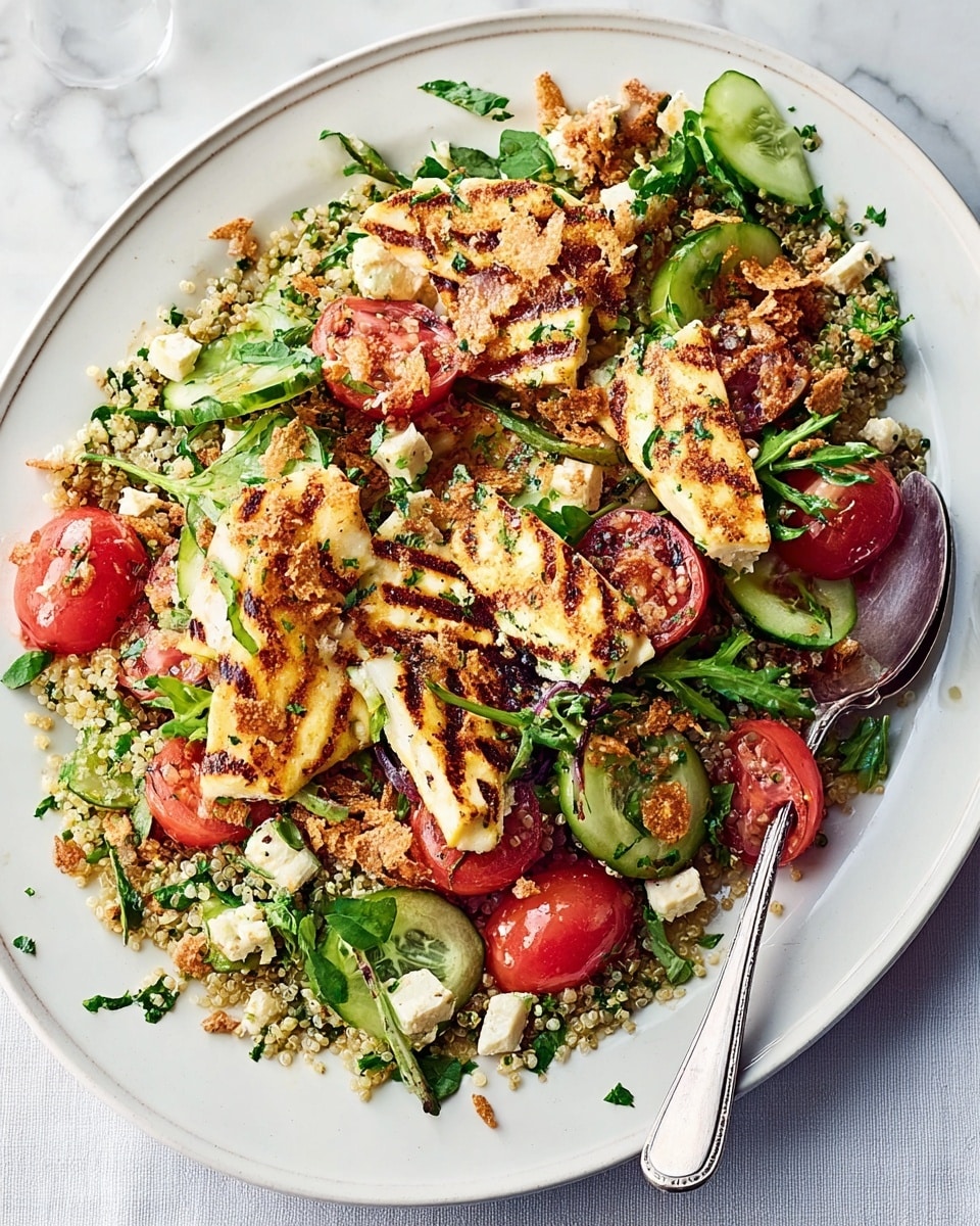 A white oval plate with a fresh salad layered with a base of light beige quinoa mixed with green herbs, scattered around the edges. On top, there are bright green cucumber slices, leafy greens, and halved red tomatoes adding vibrant color. Grilled halloumi cheese pieces with clear dark brown grill marks are layered over the vegetables, giving a golden yellow and caramelized texture. Crumbled light brown crispy pieces are sprinkled evenly across the dish, adding a crunchy texture. The plate is placed on a white marbled surface, with a silver spoon beside the plate. photo taken with an iphone --ar 4:5 --v 7