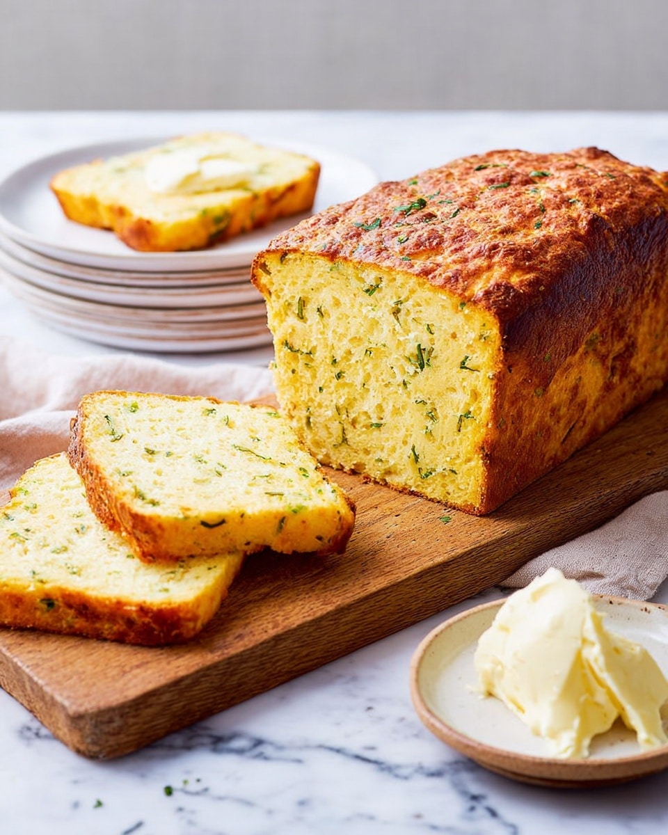 A golden brown loaf of bread with a slightly crispy crust sits on a wooden cutting board. Two slices are cut and placed in front of the loaf, showing a soft, yellow interior with small green herb flecks spread throughout. In the background, a white plate holds another slice with a butter spread on top, and several stacked white plates lie nearby. A small plate with a chunk of butter is in the foreground, set on a white marbled surface. The bread looks warm and inviting, perfect for a fresh snack. photo taken with an iphone --ar 4:5 --v 7