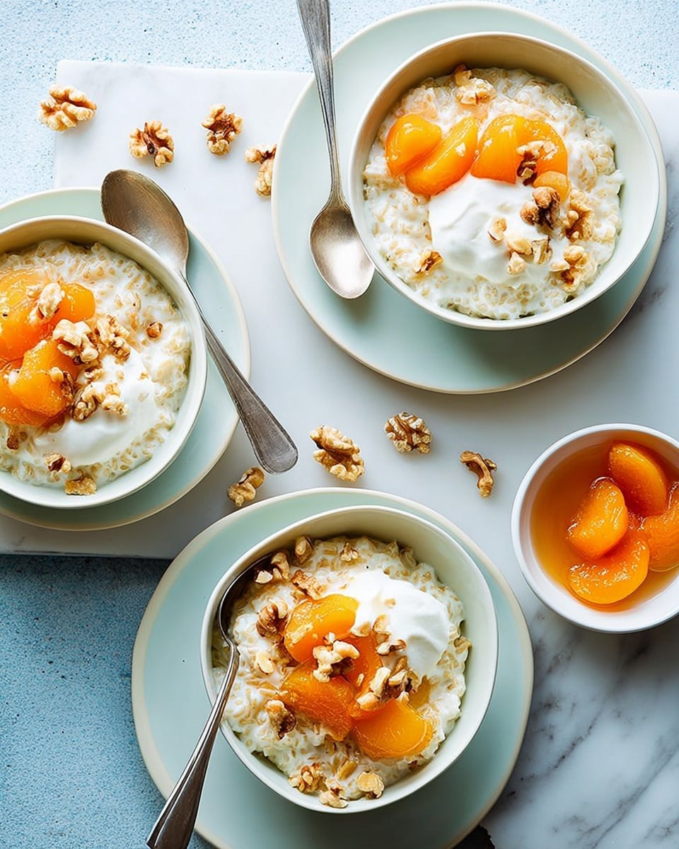 The image shows three white bowls filled with creamy rice pudding topped with a dollop of white cream, chunks of soft apricot in light orange color, and scattered walnut pieces in brown hues. Each bowl has a silver spoon inside or next to it. The bowls are placed on two round white plates with a few extra walnut pieces spread around. There is also a small white bowl with more apricot pieces in syrup on the side. All of this sits on a white marbled surface. Photo taken with an iphone --ar 4:5 --v 7