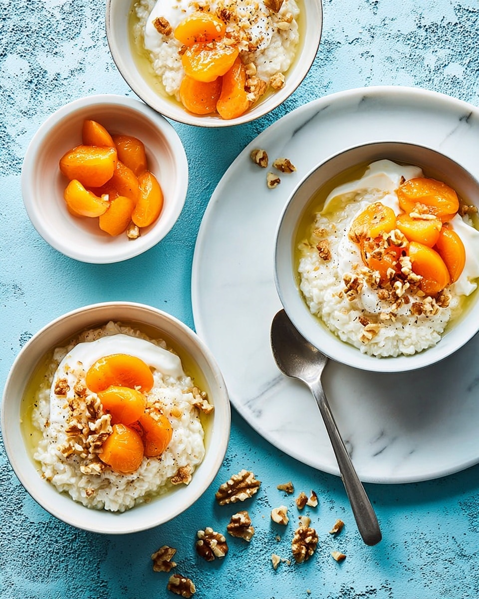 Three white bowls hold a dish with three layers: a base of creamy white rice pudding, a middle dollop of white yogurt, and a top layer of bright orange apricot slices and scattered light brown walnut pieces. Two bowls are on a large white plate, with a spoon resting on the plate. A small white bowl filled with yellow-orange apricots in syrup sits on the same plate. The third bowl sits alone on the white marbled surface, sprinkled with walnuts around it. The background is a blue textured surface. photo taken with an iphone --ar 4:5 --v 7
