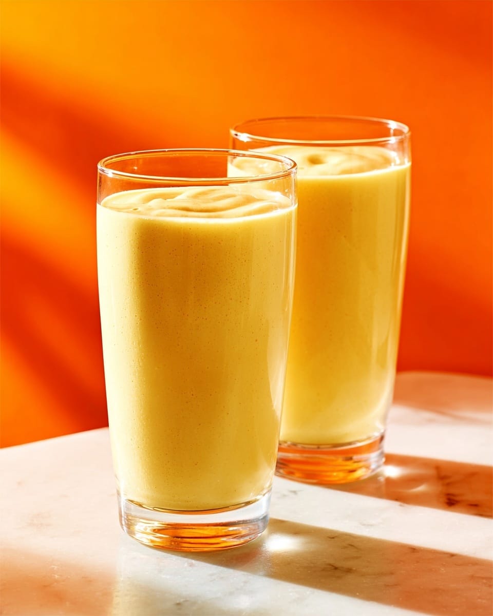 Two tall clear glasses filled with a creamy yellow smoothie are placed on a white marbled surface. The smoothie has a smooth texture with a soft ripple pattern on top. One glass is slightly in front of the other, both catching light that creates gentle reflections and shadows. The background is a bright orange color, giving the image a warm and fresh feeling. photo taken with an iphone --ar 4:5 --v 7