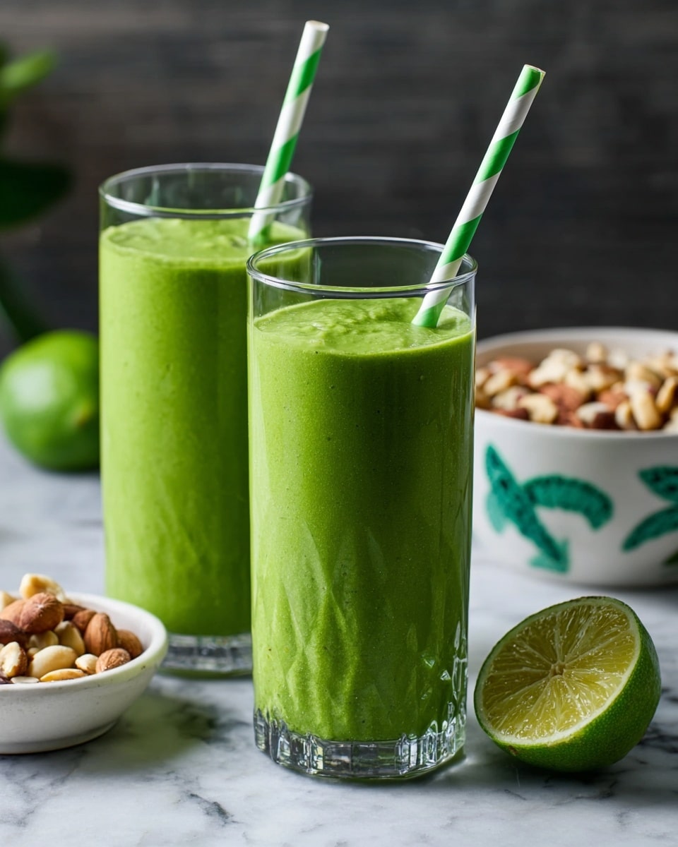 Two tall clear glasses filled with thick, bright green smoothie are standing side by side on a white marbled surface. Each glass has a green and white striped paper straw, positioned in the center. Behind the glasses, a white bowl with a green leaf pattern on the outside is filled with mixed nuts. In front and to the right of the glasses, a whole lime and a half lime, with the inside visible and textured, are placed on the surface. The background is dark and blurred, making the green colors pop. Photo taken with an iphone --ar 4:5 --v 7