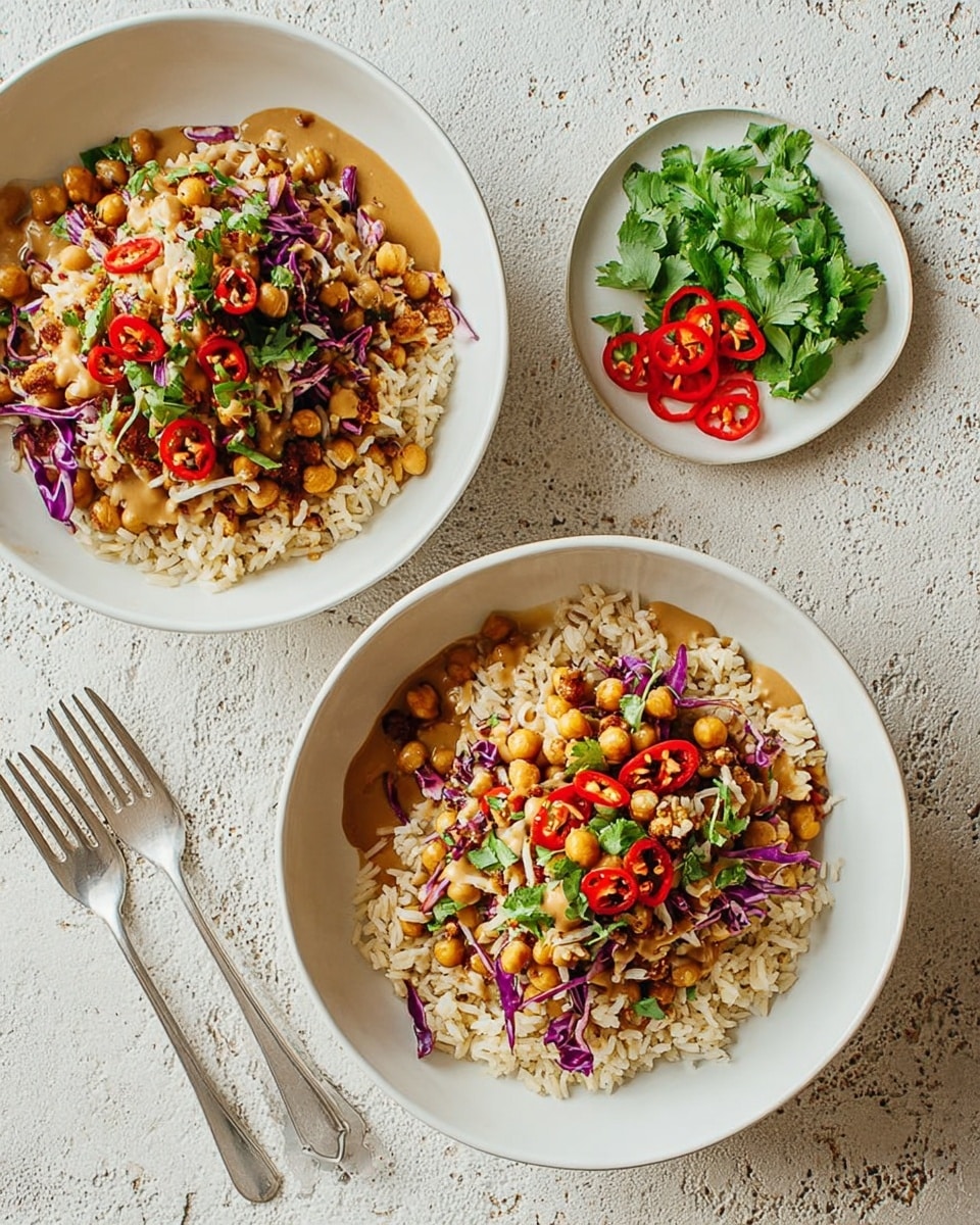 Two white bowls filled with a layered dish sit on a white marbled textured surface. Each bowl has a base layer of light brown rice with a slightly fluffy texture. Above the rice is a mix of golden-brown chickpeas, crunchy bits, and thin strips of purple cabbage, all topped with chopped green herbs and thin slices of red chili pepper. The dish is drizzled with a smooth, light brown sauce that adds shine. Next to the bowls is a small white plate with green parsley leaves and red chili slices. Two silver forks rest on the textured surface near the bowls. photo taken with an iphone --ar 4:5 --v 7