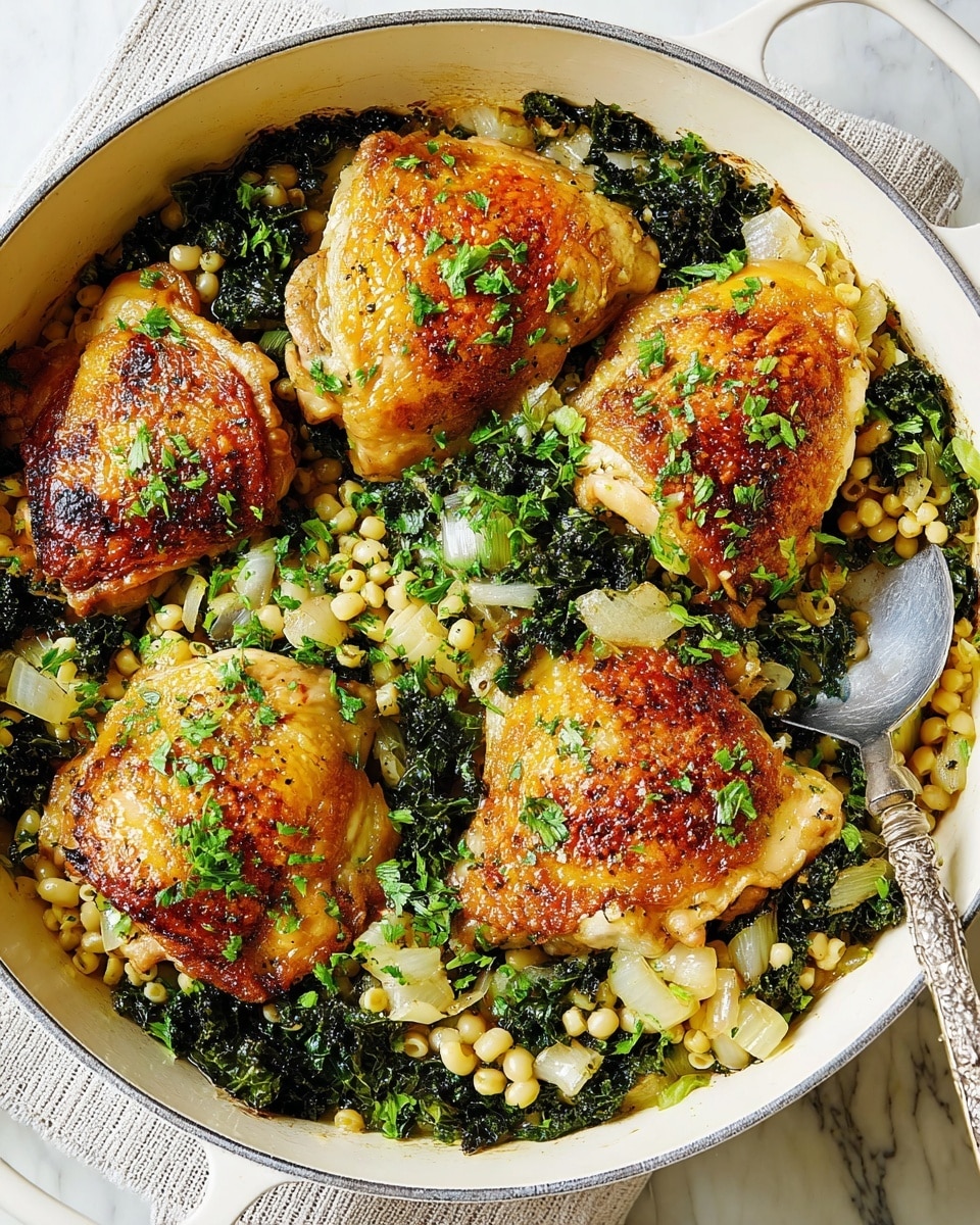A white pot filled with four golden-brown chicken thighs arranged over a bed of small pasta and wilted dark green kale mixed with translucent cooked onions; the chicken thighs have a crispy skin with bright green chopped herbs sprinkled on top, while the pasta is pale yellow and the kale adds deep green color throughout. A silver spoon rests inside the pot on the right side, slightly under one chicken piece. The background is a white marbled surface. Photo taken with an iphone --ar 4:5 --v 7