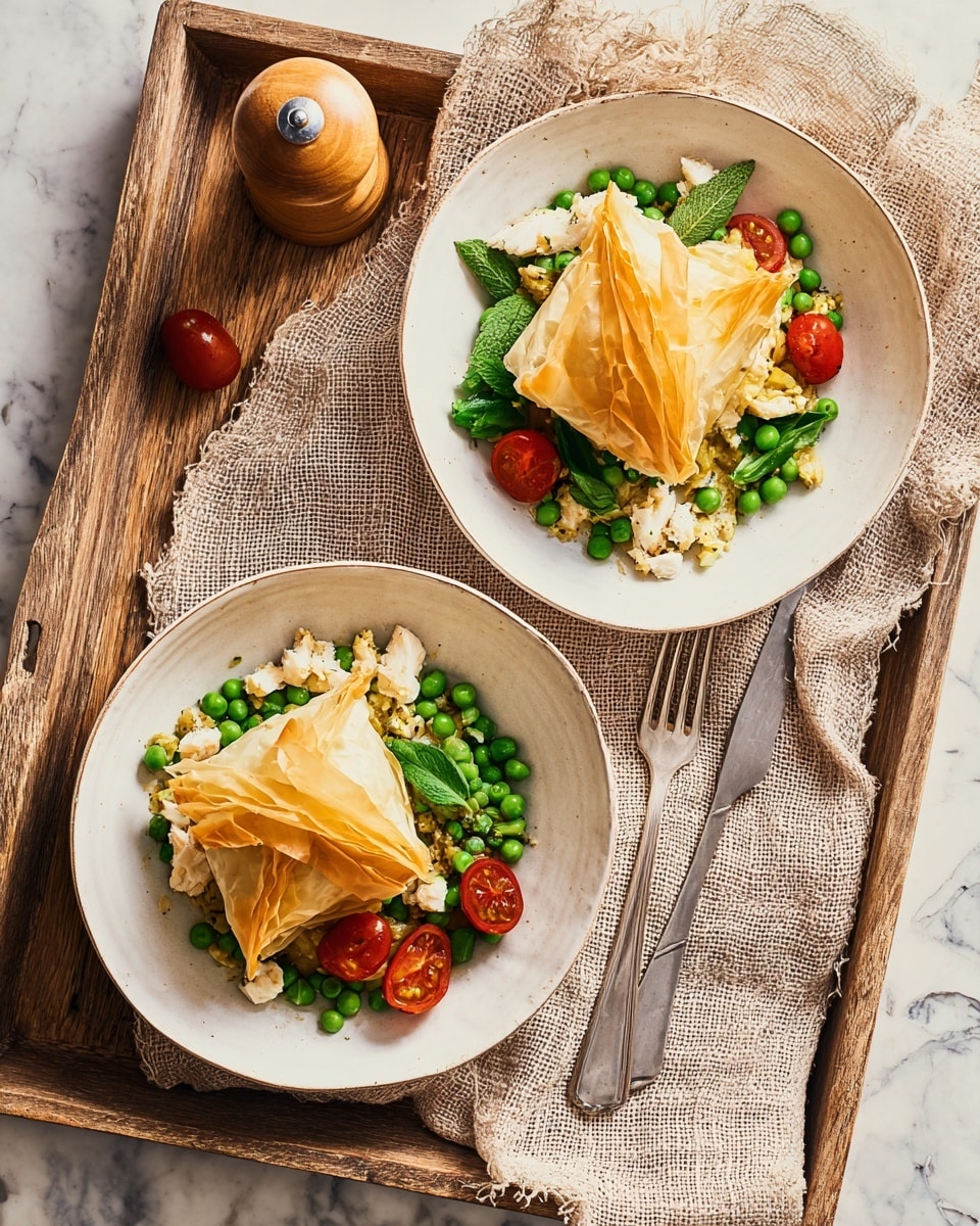 Two white shallow bowls are placed on a wooden tray with a beige woven cloth underneath the top bowl, all set on a white marbled texture. Each bowl contains two golden-brown, crispy phyllo pastry parcels on one side, with small green peas scattered around the dish. Bright red roasted cherry tomatoes and green leaves are mixed with white fish pieces and peas, creating a colorful contrast. The food has a fresh and crispy look with a mix of soft and crunchy textures. A silver fork and knife sit to the left of the tray with a wooden pepper grinder nearby. photo taken with an iphone --ar 4:5 --v 7