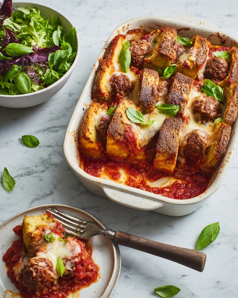 A white baking dish filled with a layered meatball sandwich bake, showing three main layers: thick golden-brown toasted bread slices standing on edge, rich red tomato sauce with visible tomato pieces spread between the bread, and browned meatballs nestled among the bread with melted white cheese bubbling over in spots. Fresh green basil leaves are scattered on top as garnish. Next to the baking dish, a white bowl holds a fresh green salad with mixed leafy greens, and a white plate below has a portion of the bake with visible bread, sauce, meatballs, and cheese, accompanied by a fork with a dark wooden handle. The whole scene sits on a white marbled surface with a few basil leaves scattered around. Photo taken with an iphone --ar 4:5 --v 7