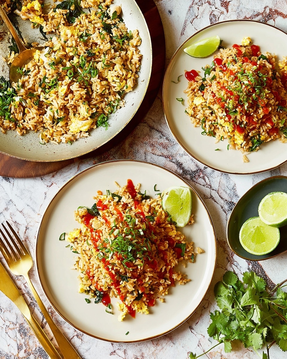 A meal is shown with a white pan filled with fried rice mixed with green herbs on the left side. Below it, a round white plate holds a serving of the fried rice, topped with red sauce drizzles, green herb pieces, and a green lime wedge on the right edge of the plate. On the top right side, another white plate has more fried rice garnished similarly with sauce and herbs. To the far right, a smaller white plate contains two lime halves and some fresh green herbs. Gold-colored fork and knife are placed on the white marbled surface to the left of the bottom plate. The whole setting is on a white marbled textured background. photo taken with an iphone --ar 4:5 --v 7
