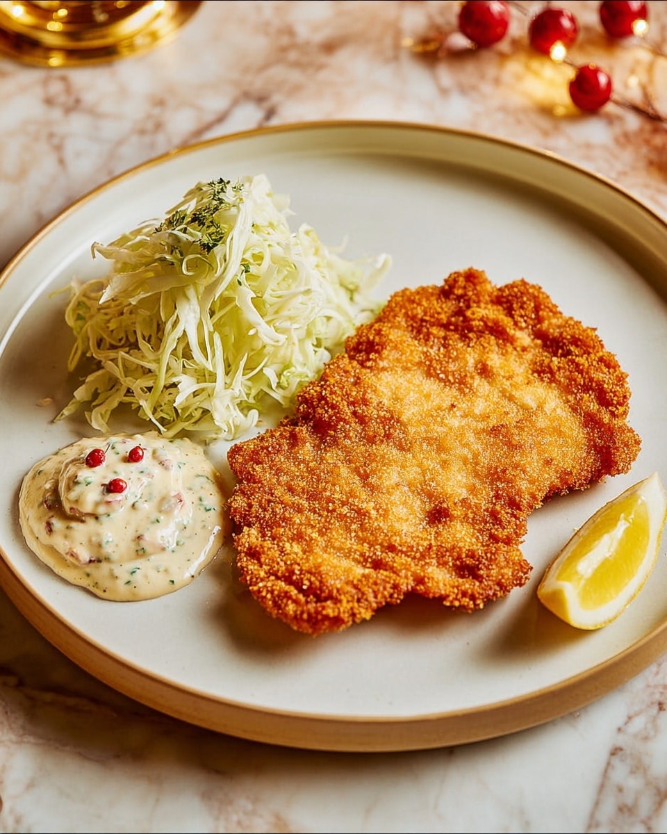 The dish shows one large, flat, golden-brown breaded cutlet with a crispy texture placed slightly off-center on a white plate with a subtle beige rim. Next to it on the left side is a small heap of thinly shredded pale green cabbage with a fine, fresh texture. Below the cabbage, there is a small dollop of creamy sauce speckled with herbs and red bits, having a smooth and slightly chunky texture. A bright yellow lemon wedge sits at the bottom right edge of the cutlet. The white plate rests on a white marbled surface with warm lighting enhancing the golden tones of the food. Photo taken with an iphone --ar 4:5 --v 7