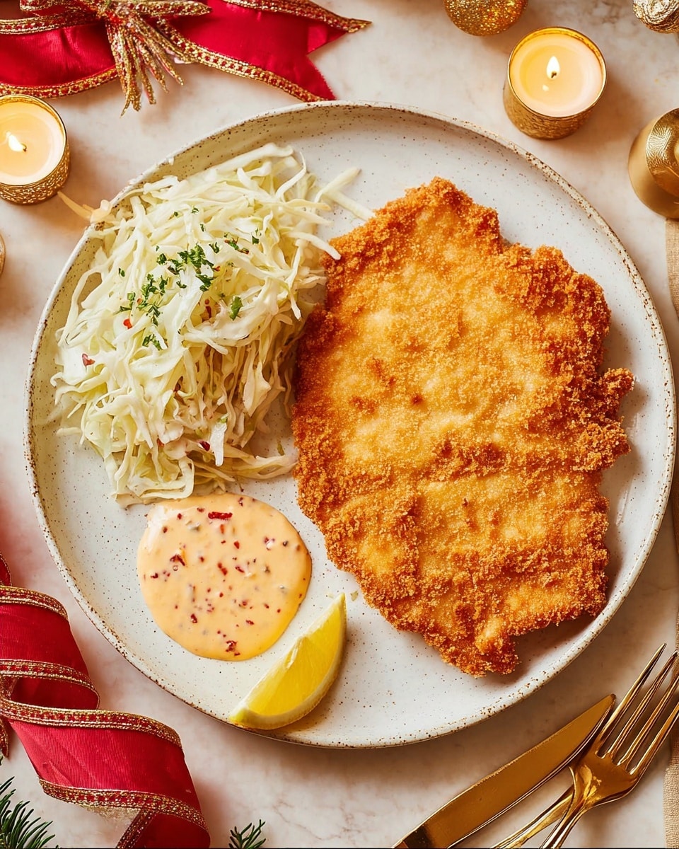 The dish shows one large, golden-brown, crispy fried cutlet placed on the right side of a white plate with a slightly speckled rim. To the left of the cutlet is a pile of thinly shredded white cabbage with a light, crisp texture. Below the cabbage, there is a dollop of pale orange dipping sauce with visible small red and green bits mixed in. A small wedge of bright yellow lemon is positioned near the bottom right edge of the cutlet. The plate is on a white marbled surface, surrounded by warm, festive decorations including a lit candle, red ribbon, and some gold-toned cutlery. photo taken with an iphone --ar 4:5 --v 7