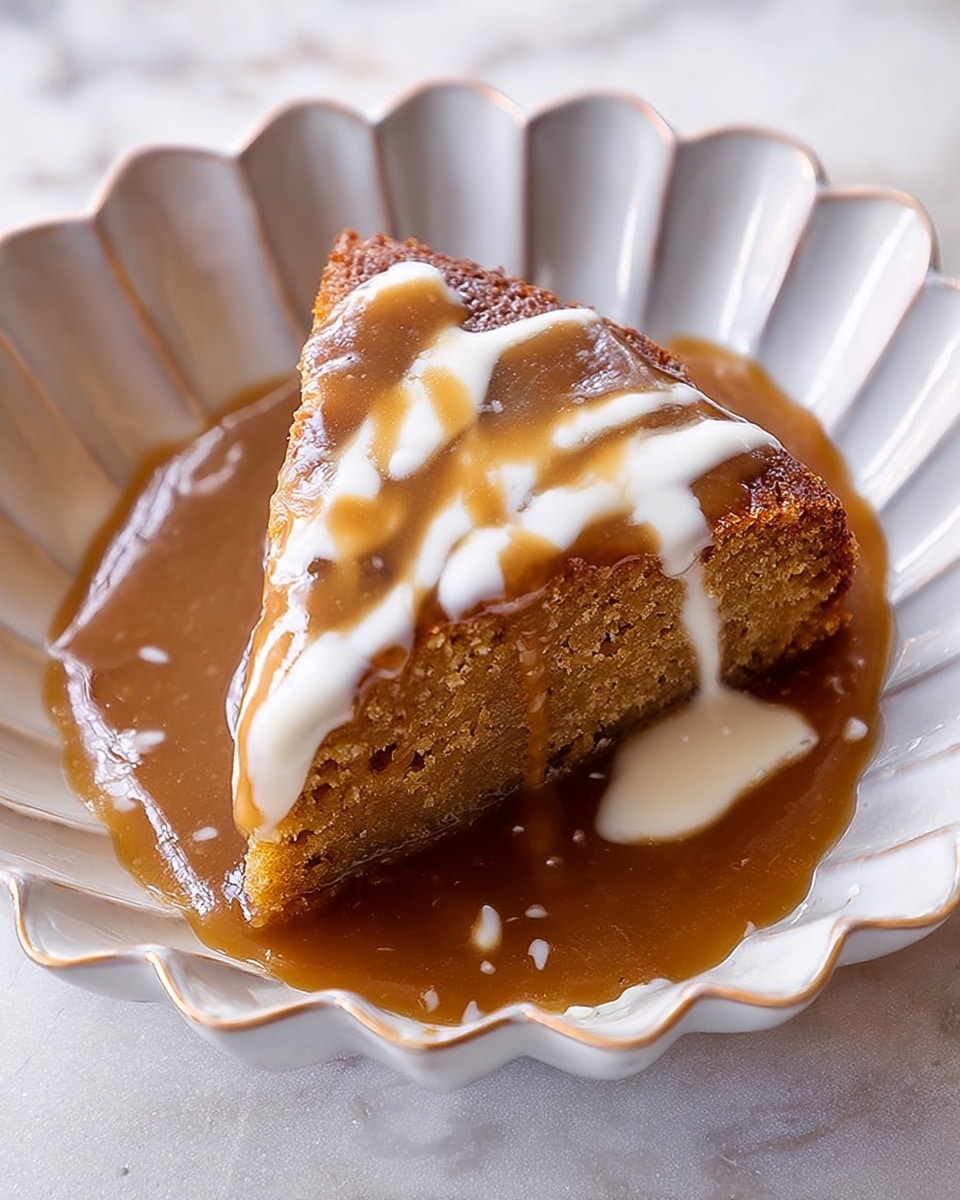 A single slice of light brown cake rests in the center of a white, scalloped bowl, slightly tilted to show its soft, moist texture. The cake is covered with a smooth, medium brown sauce pooling around the slice on the bowl's bottom. Over the top and spreading down the sides of the cake is a drizzle of creamy white sauce. The white scalloped bowl contrasts with the warm tones of the cake and sauces, all placed on a white marbled surface. photo taken with an iphone --ar 4:5 --v 7