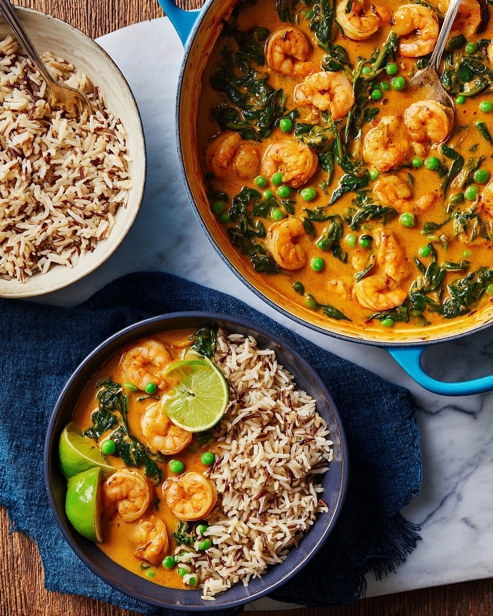A blue pot filled with a creamy orange shrimp curry mixed with bright green peas and dark green spinach leaves, placed on a white marbled surface. Next to it, a white bowl contains brown and white mixed rice with a fluffy texture. In the front, a black bowl holds a serving of the shrimp curry layered over half the brown and white rice, garnished with two lime wedges on the side. A folded dark blue napkin lies under the bowls. photo taken with an iphone --ar 4:5 --v 7