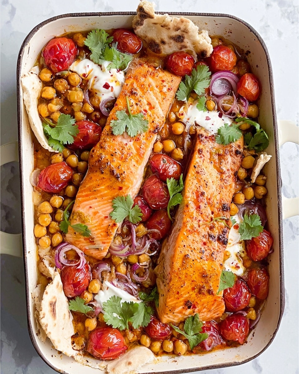 The image shows a white rectangular baking dish filled with two cooked salmon fillets placed in the center. The salmon is bright orange with a slightly crispy texture on top. Surrounding the salmon are golden chickpeas and vibrant red cherry tomatoes, some whole and some slightly softened. There are also slices of cooked red onion and small dollops of white creamy sauce scattered around. Fresh green cilantro leaves decorate the dish, and pieces of flatbread rest on the edges of the dish. The whole scene is placed on a white marbled surface. Photo taken with an iphone --ar 4:5 --v 7