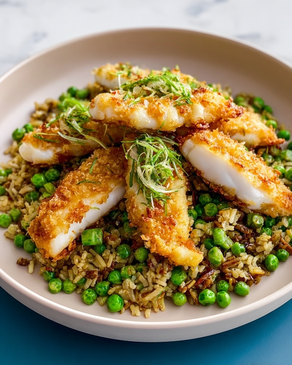 The image shows a white round plate filled with a layer of fried rice mixed with green peas and chopped green onions, creating a textured, colorful base. On top of the rice, there are four pieces of golden-brown, crispy fish fillets arranged in a slightly scattered manner with flaky white fish meat visible inside. The background is a white marbled surface with a soft natural light highlighting the details and colors of the dish. Photo taken with an iphone --ar 4:5 --v 7