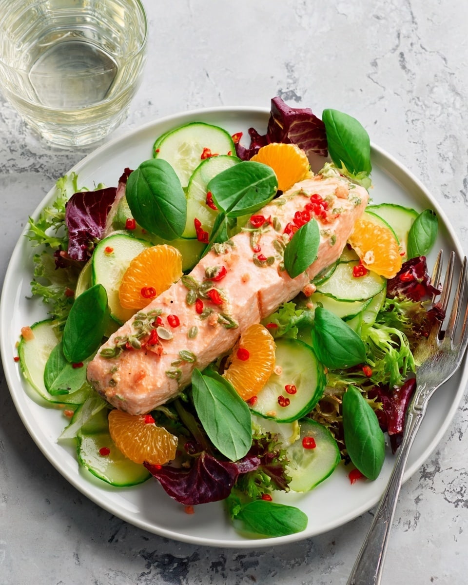A white round plate holds a layered salad on a white marbled surface. The bottom layer has mixed green and red leafy greens with curly and smooth textures. Above this are thin slices of pale green cucumber in a ring shape. Bright orange segments add a pop of color, scattered evenly on the cucumber slices. On top sits a pale pink cooked salmon fillet with a smooth, flaky texture, sprinkled with small red chili flakes. Fresh green basil leaves are placed around the salmon, adding brightness and contrast. A clear glass of water and a silver fork are nearby. Photo taken with an iphone --ar 4:5 --v 7