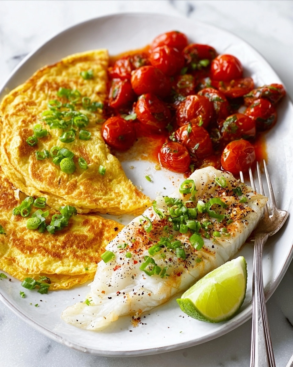 A white oval plate holds a meal with three main parts: two golden-brown folded omelette pieces on the top left sprinkled with chopped green onions, a white fillet of fish on the right side garnished with black pepper and green herbs, and a pile of red cherry tomatoes cooked with herbs below the omelette. A small lime wedge sits near the fish, and a silver fork rests on the right edge of the plate. The plate is on a white marbled surface. Photo taken with an iphone --ar 4:5 --v 7