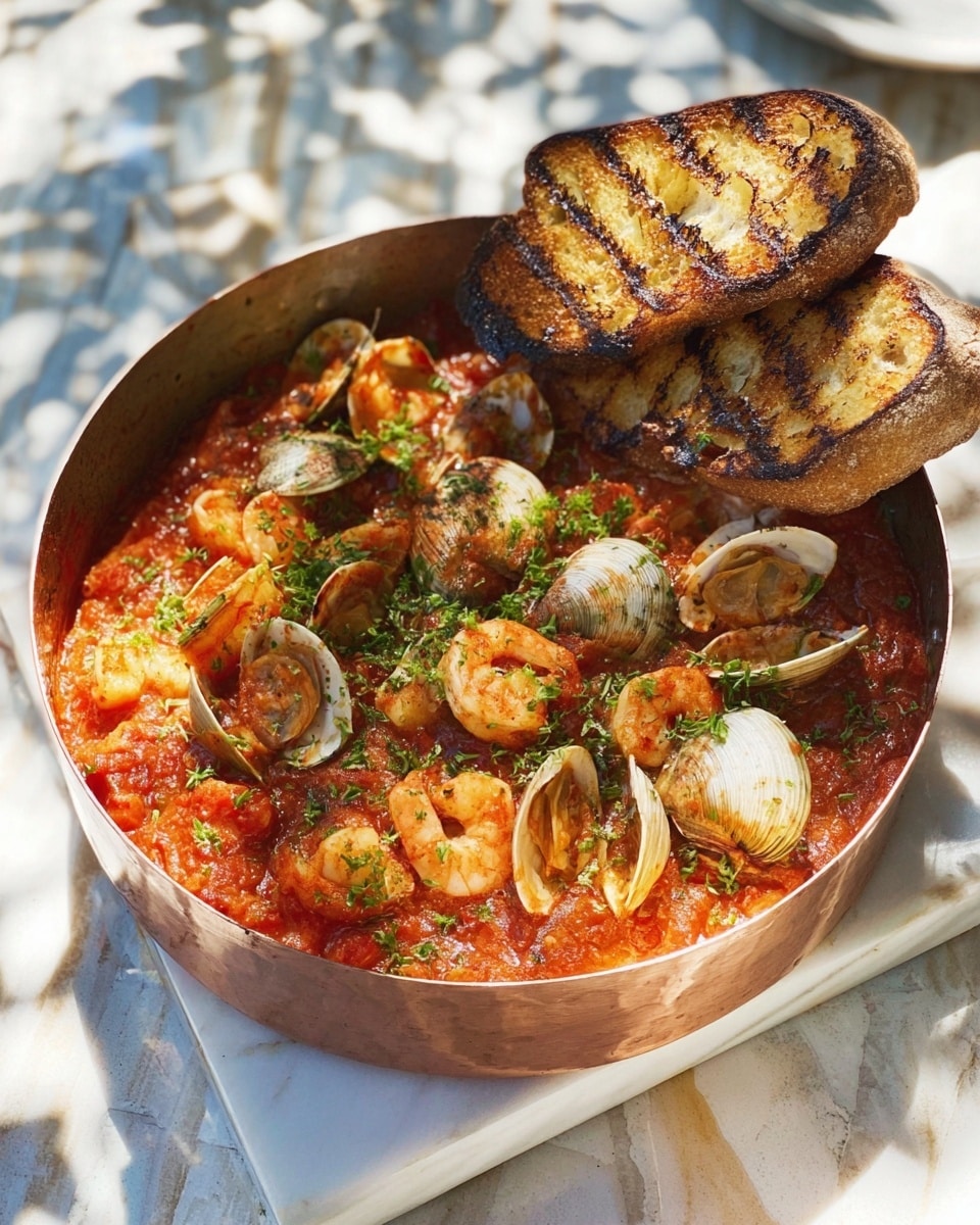 The image shows a round copper pot filled with a seafood stew. The stew has a thick, chunky tomato sauce that is bright red with green herbs sprinkled on top. Large shrimp with orange shells and pieces of white fish are spread evenly throughout the sauce. Small clams with beige shells are mixed in, adding texture. On one side of the pot, two slices of grilled bread with dark grill marks rest slightly tilted. The pot is placed on a white marbled surface with dappled sunlight and soft shadows around it. photo taken with an iphone --ar 4:5 --v 7