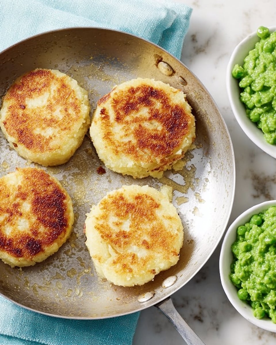 Four round golden-brown potato cakes with a slightly crispy texture are in a silver pan. The cakes have a light, uneven browning and a rough surface showing bits of potato. Next to the pan is a white bowl filled with bright green mashed peas that look soft and creamy. The setting rests on a white marbled surface with a pale blue cloth nearby, adding a soft color contrast. Photo taken with an iphone --ar 4:5 --v 7