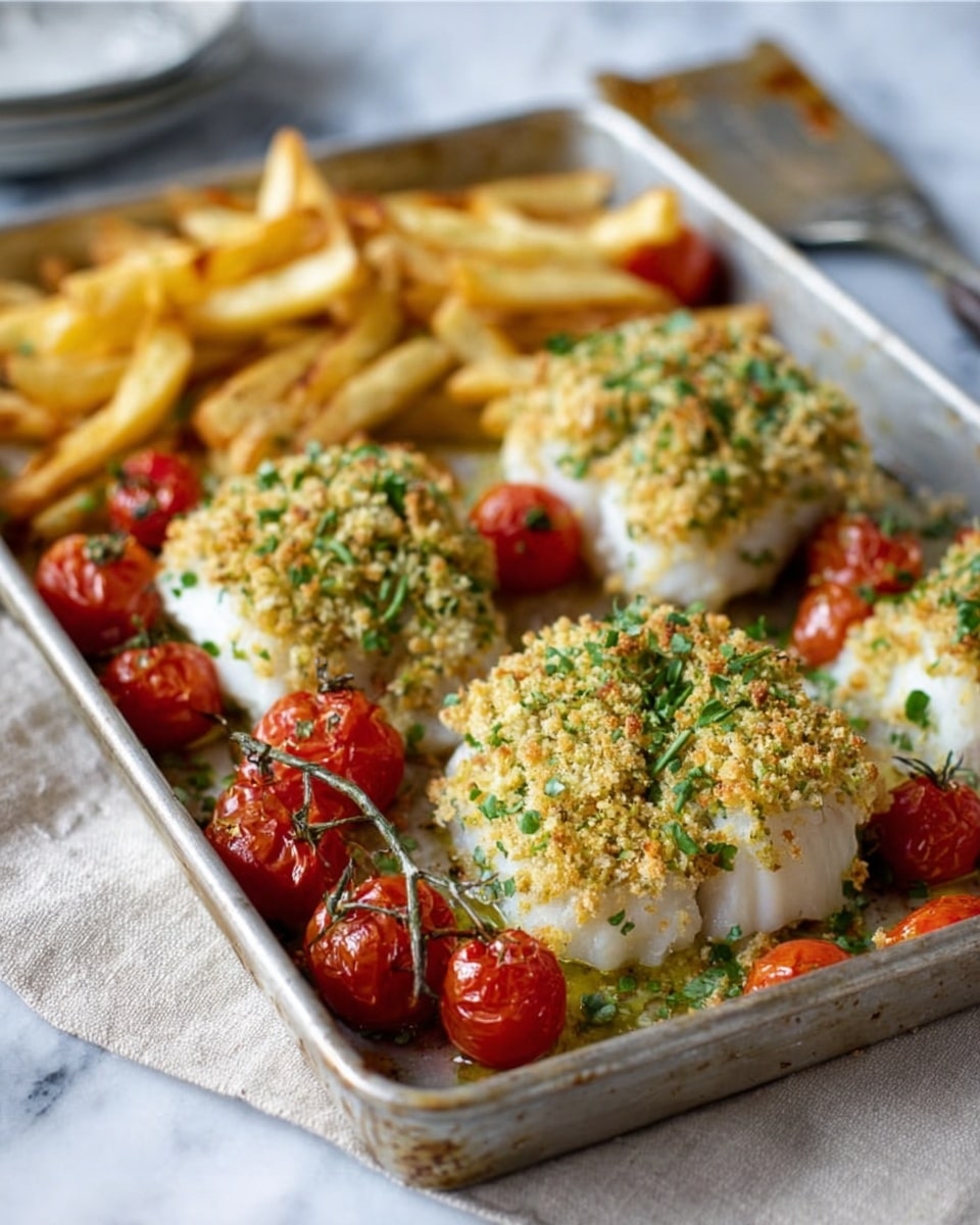 The image shows a metal baking tray with four pieces of white fish fillets, each topped with a thick, crumbly golden breadcrumb layer mixed with green herbs. Around the fish, there are bright red small cherry tomatoes, still on the vine, adding a fresh pop of color. In the background, there is a blurred view of crispy golden fries and a metal spatula. The tray sits on a soft, neutral beige cloth on top of a white marbled surface. photo taken with an iphone --ar 4:5 --v 7
