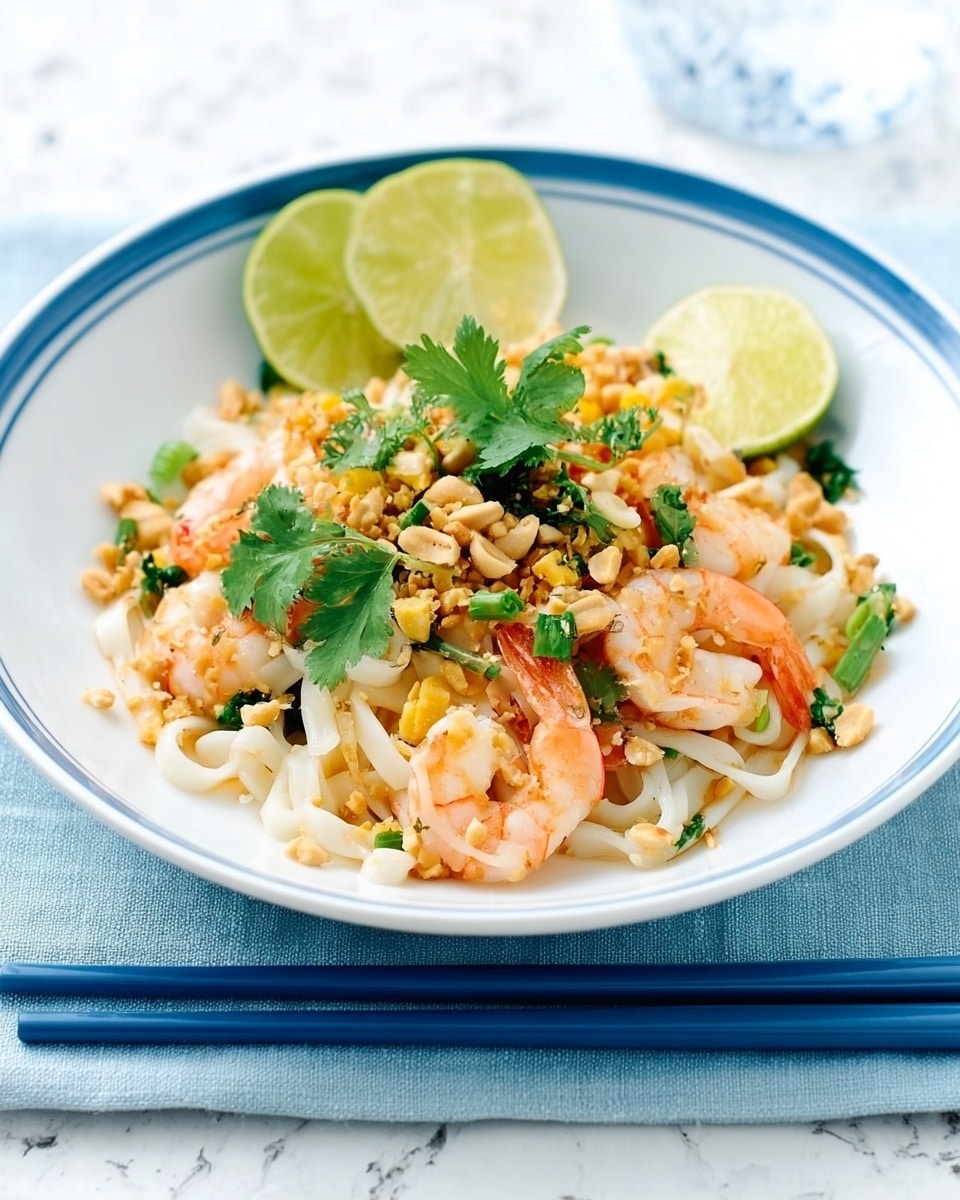 A white shallow bowl with a blue rim holds a colorful noodle dish. The bottom layer is flat white noodles, topped with light pink cooked shrimp and bits of crushed peanuts scattered over. Bright green chives and fresh cilantro leaves add freshness on top, along with small lime wedges placed around the dish. The bowl sits on a white marbled surface with a blue cloth napkin folded in the background. In front, there are two pairs of blue chopsticks lying flat. Photo taken with an iphone --ar 4:5 --v 7