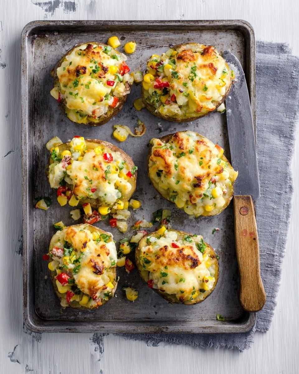 The image shows seven stuffed potato halves placed on a metal baking tray. Each potato half is topped with a mix of yellow corn, red bell peppers, and green herbs, all covered by a melted layer of creamy white cheese that looks soft and slightly browned. The potatoes’ inside is a pale yellow, and the crispy toasted tops give a textured look. The tray sits on a light gray cloth over a white marbled surface. To the side, there is a knife with a brown wooden handle resting on the tray. photo taken with an iphone --ar 4:5 --v 7