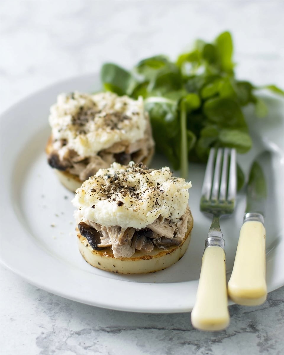 A white plate holds two small stacks, each made of a bottom layer of light beige sliced vegetable or root, topped with a layer of cooked brown mushrooms mixed with light-colored shredded poultry, and finished with a thick, creamy, white mashed topping sprinkled lightly with black pepper. To the side, there is a small bunch of fresh green leaves, adding a fresh contrast. A silver fork and a knife with a pale yellow handle rest on the right side of the plate. The background is a soft white marbled texture. photo taken with an iphone --ar 4:5 --v 7